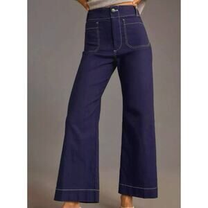 Maeve Anthropologie Collete Wide Leg Crop Pant Contrast Purple Navy Womans 28
